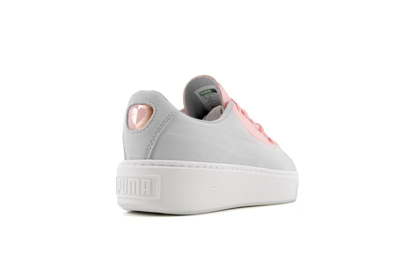 PUMA Basket Platform Valentine's Day Colorway Pink Grey Heart Sneaker Silhouette