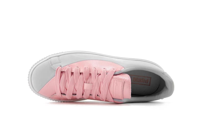 PUMA Basket Platform Valentine's Day Colorway Pink Grey Heart Sneaker Silhouette