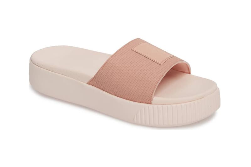 PUMA womens platform slide sandal flatform peach beige light pastel pink all black logo summer where to buy