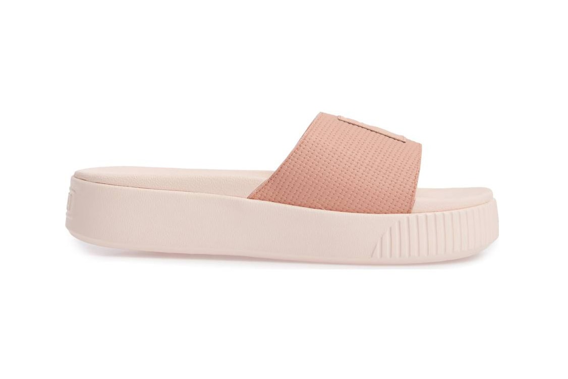 PUMA womens platform slide sandal flatform peach beige light pastel pink all black logo summer where to buy
