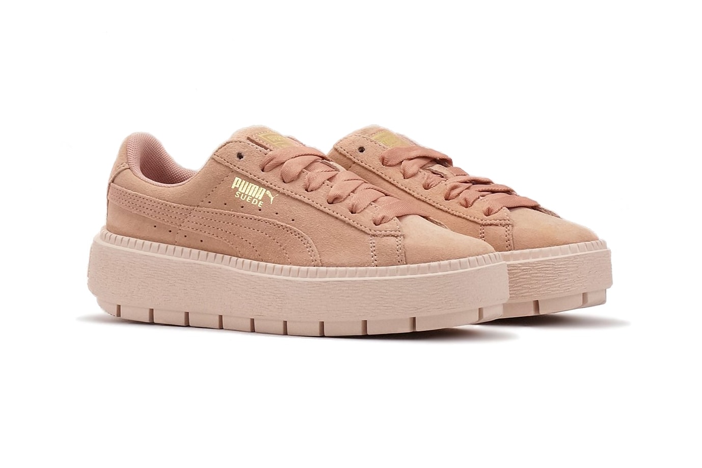 PUMA suede platform trace sneaker pastel peach beige pearl pink womens where to buy chunky cleated sole