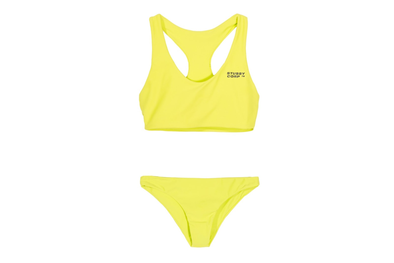 Stussy Women Ari Two Piece Swimsuit Bathing Suit Black Logo Neon Yellow