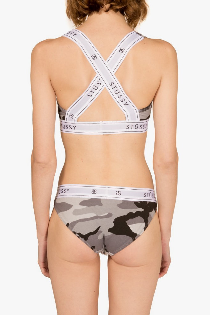Stussy Women Grey Camo Underwear Cross Back Crop Top Bra Classic Brief