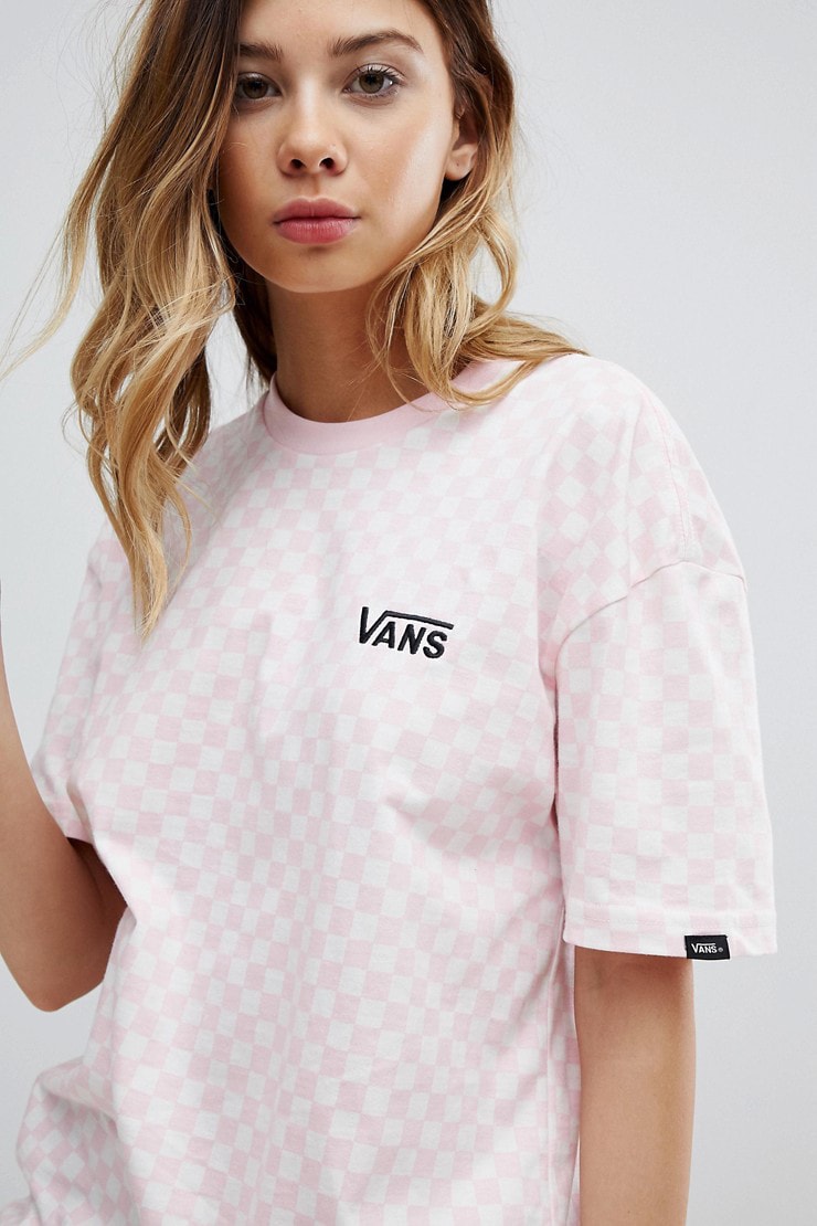 Vans womens girls millennial pastel pink checkerboard pattern logo t shirt oversized asos