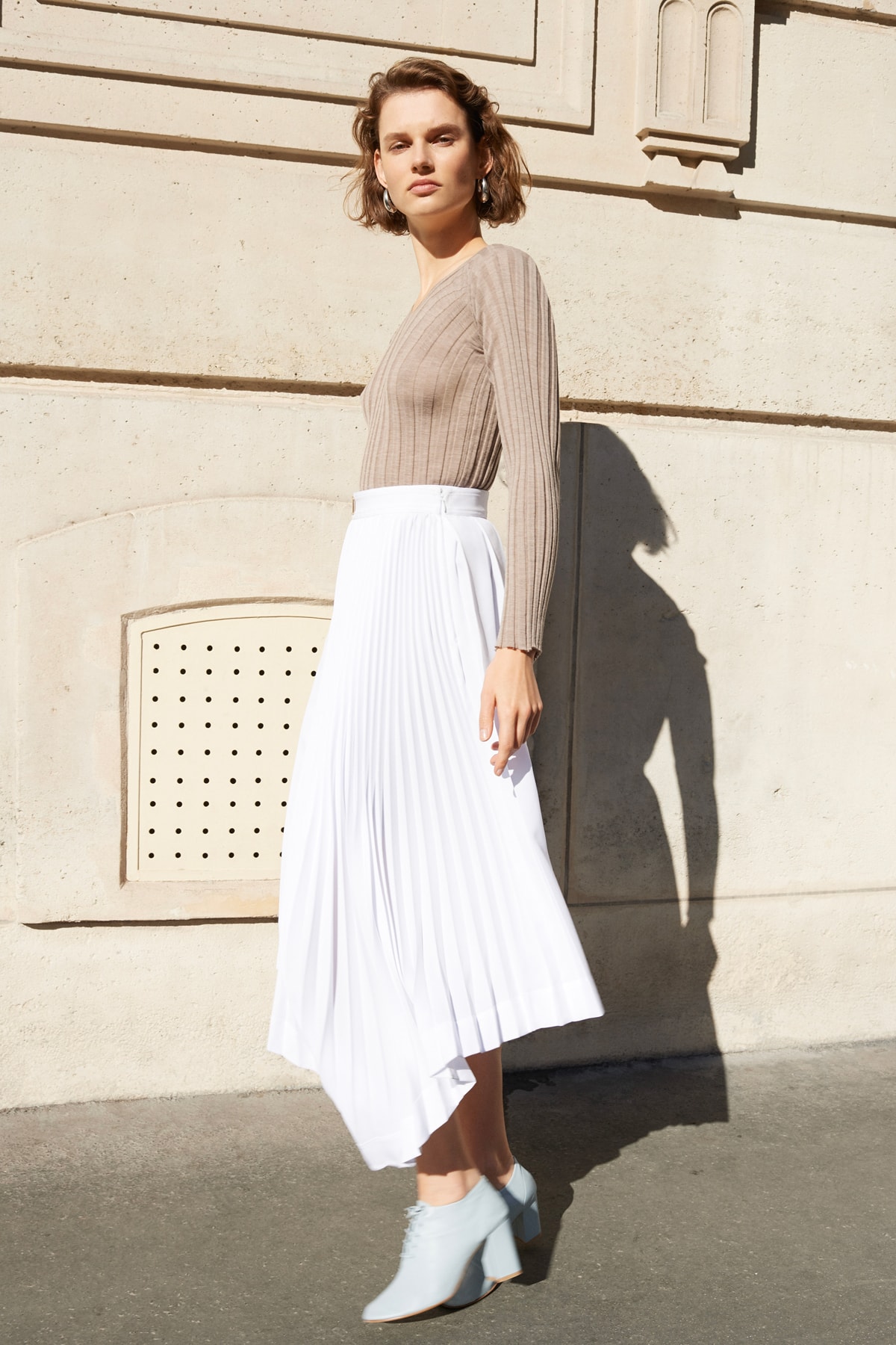 Celine E-Commerce Launch 24 Sevres V-Neck Sweater Asymmetrical Pleated Skirt Soft Dance Loafers Sand White Mineral