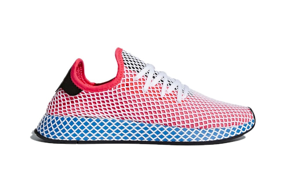adidas Originals unisex Deerupt sneaker trainers black white solar red bluebird easy green mesh overlay where to buy