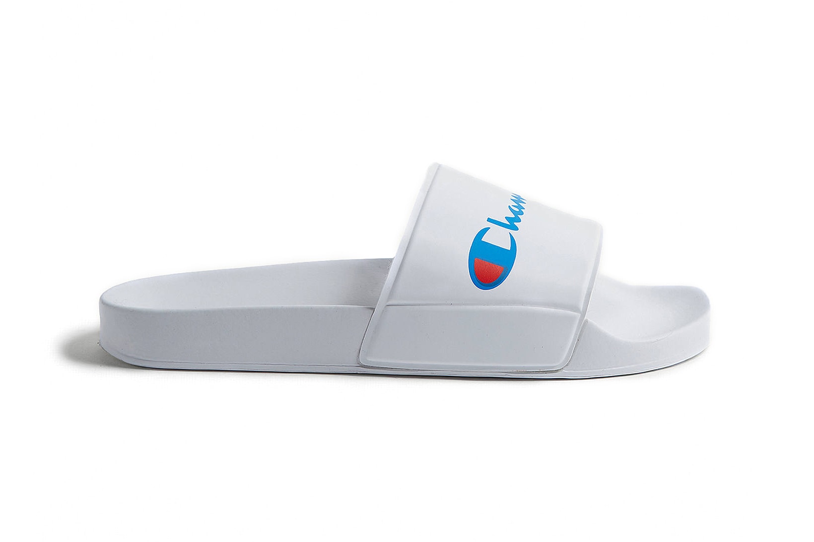 Champion Retro text Logo Pool Slides White sandals womens mens unisex summer slip-ons minimal trend