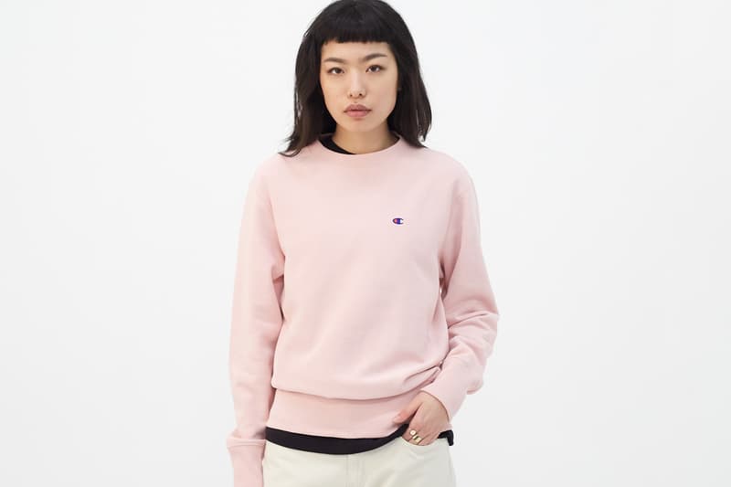 Champion Reverse Weave Logo Sweater Rose Pink Caramel Forest Tan