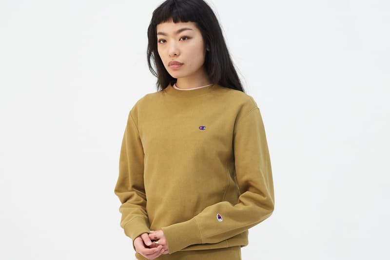 Champion Reverse Weave Logo Sweater Rose Pink Caramel Forest Tan