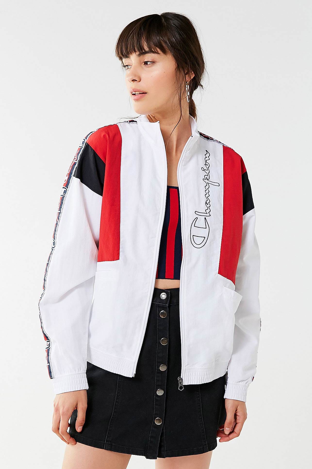 red and white champion jacket