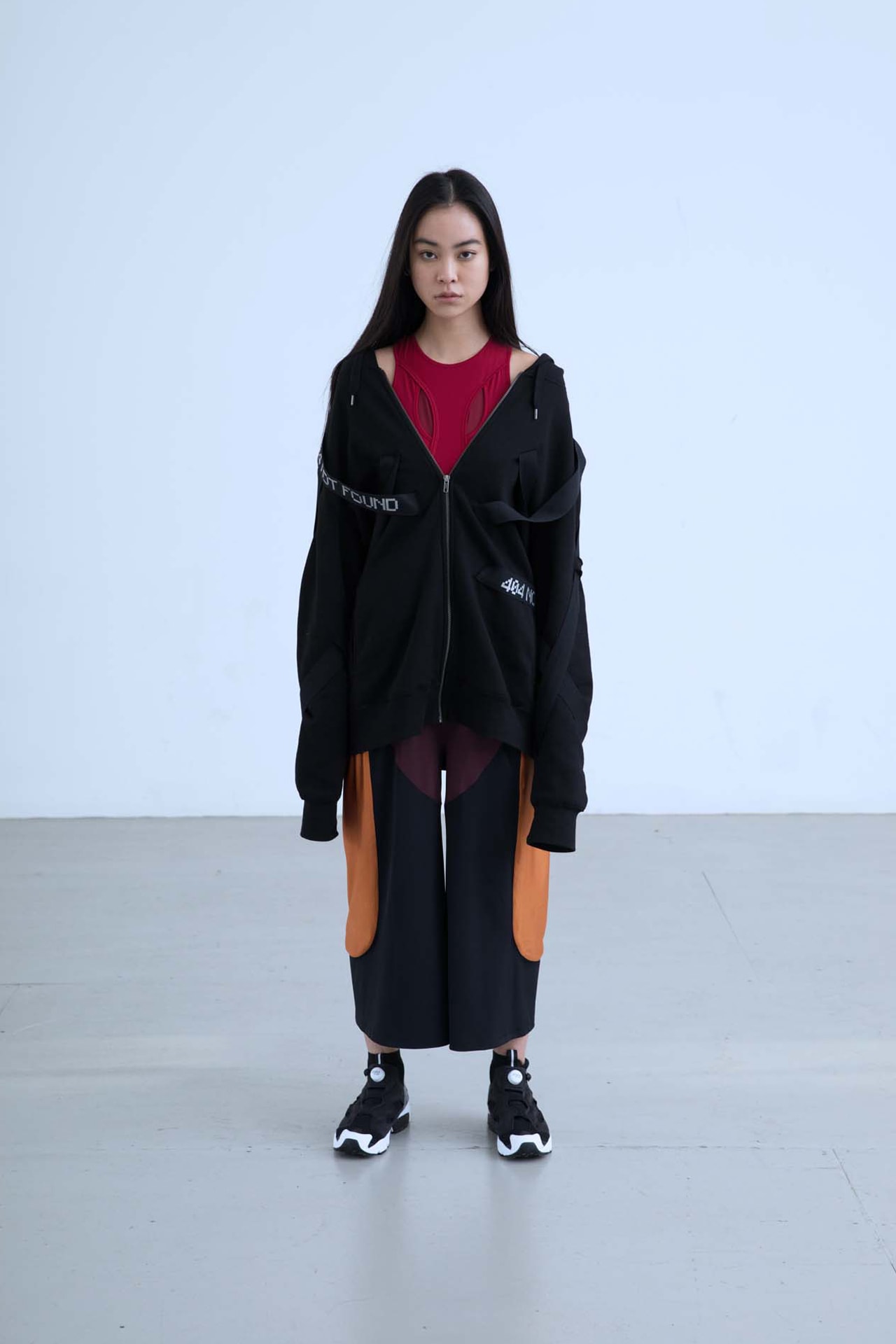 Charli Cohen Fall/Winter 2018 Collection Lookbook Bomber Jacket Shirt Pants Black Burgundy Orange