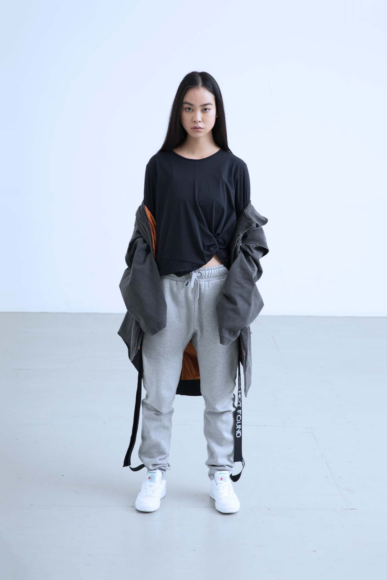 Charli Cohen Fall/Winter 2018 Collection Lookbook Bomber Jacket Shirt Pants Grey Black