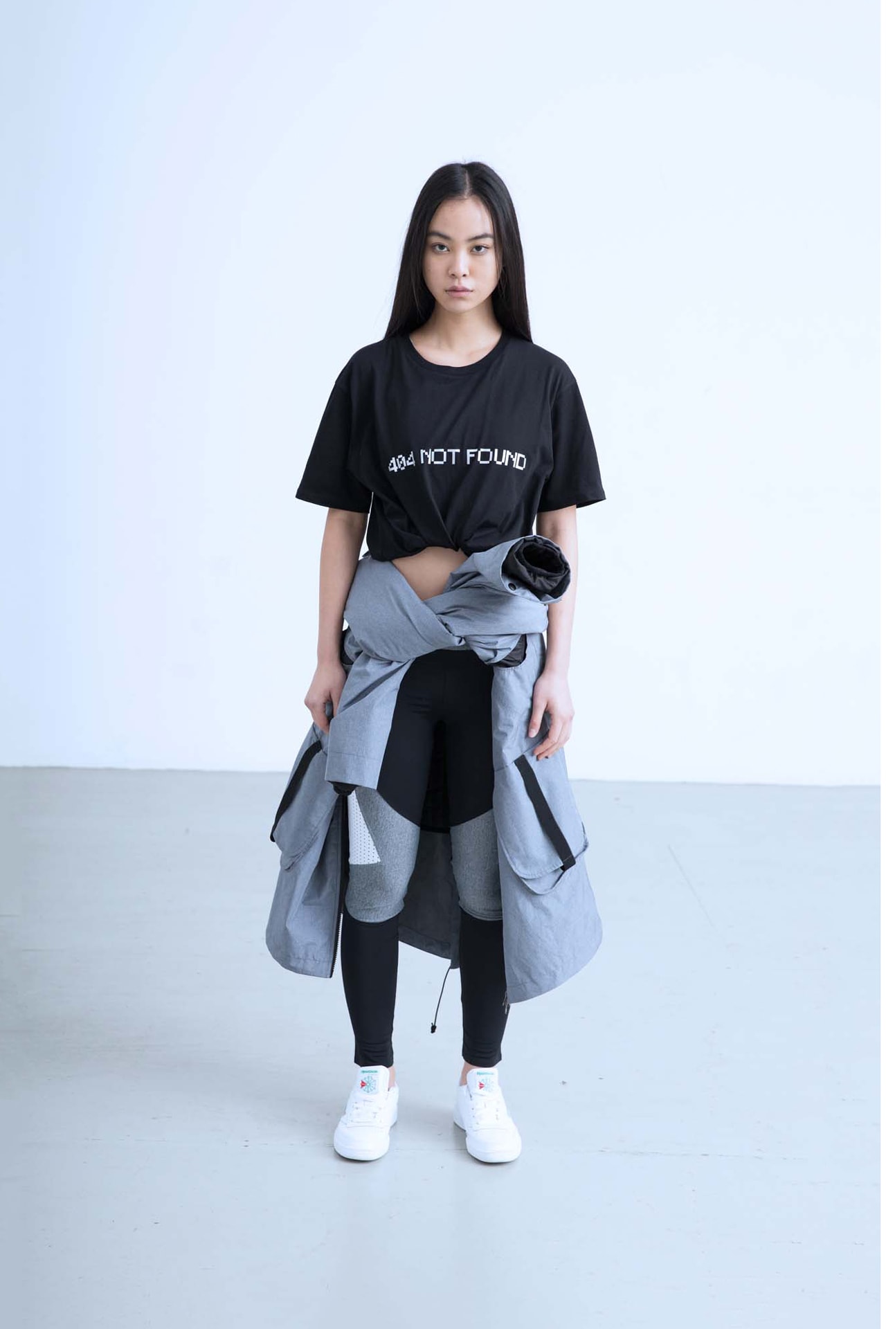 Charli Cohen Fall/Winter 2018 Collection Lookbook Convertible Parka T-Shirt Leggings Grey Black