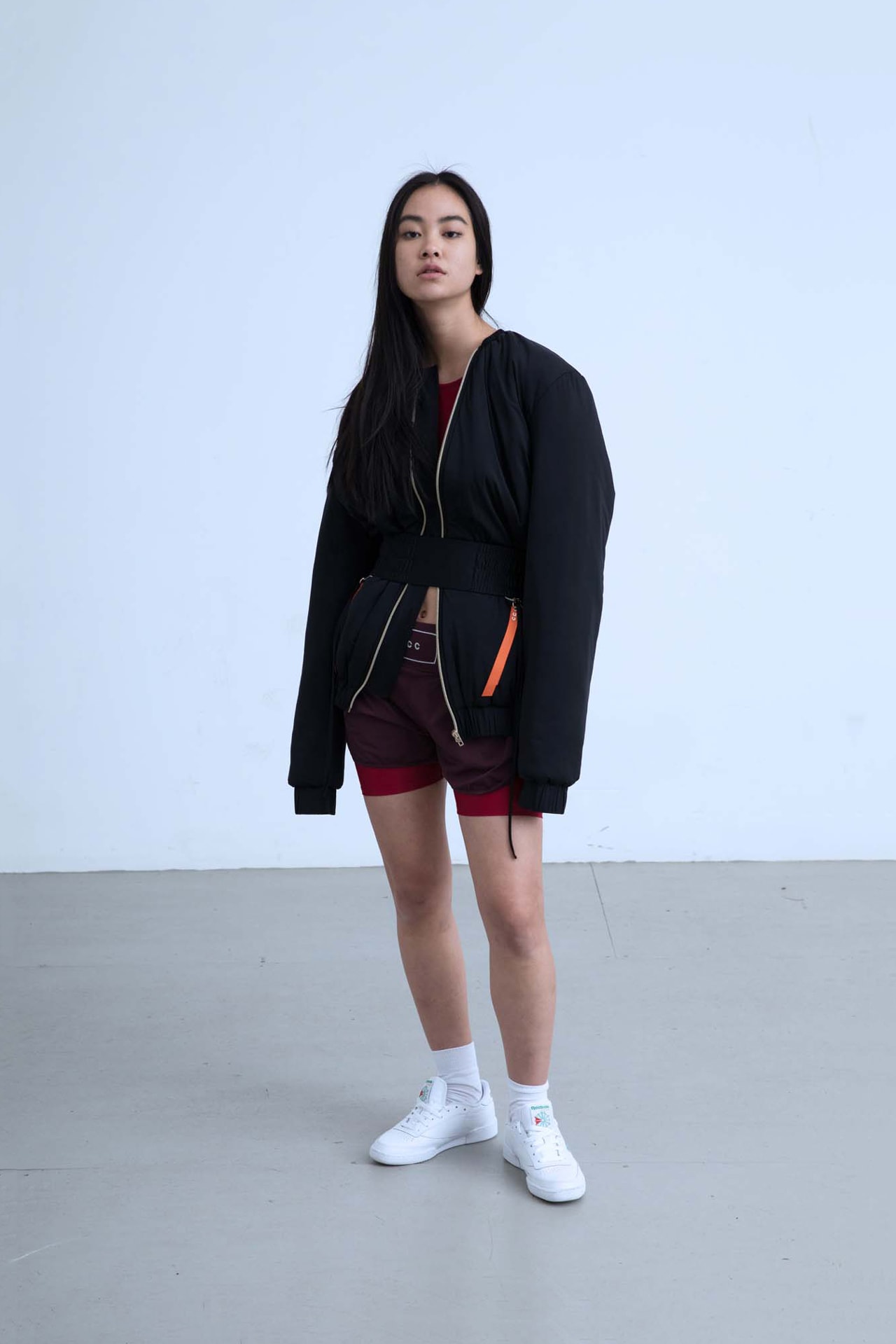 Charli Cohen Fall/Winter 2018 Collection Lookbook Bomber Jacket Shorts Black Burgundy
