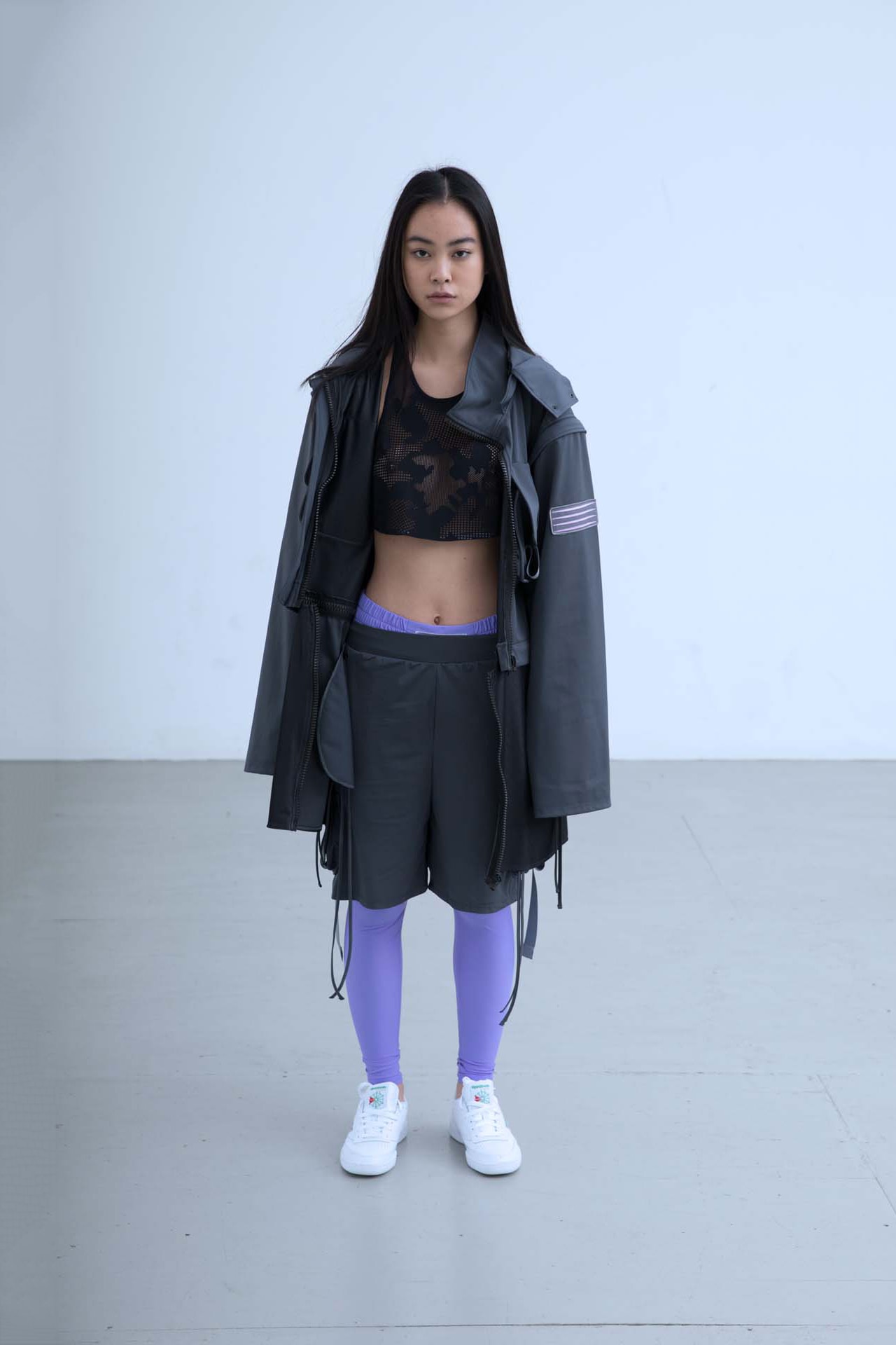Charli Cohen Fall/Winter 2018 Collection Lookbook Convertible Parka Shorts Leggings Grey Cyber Violet