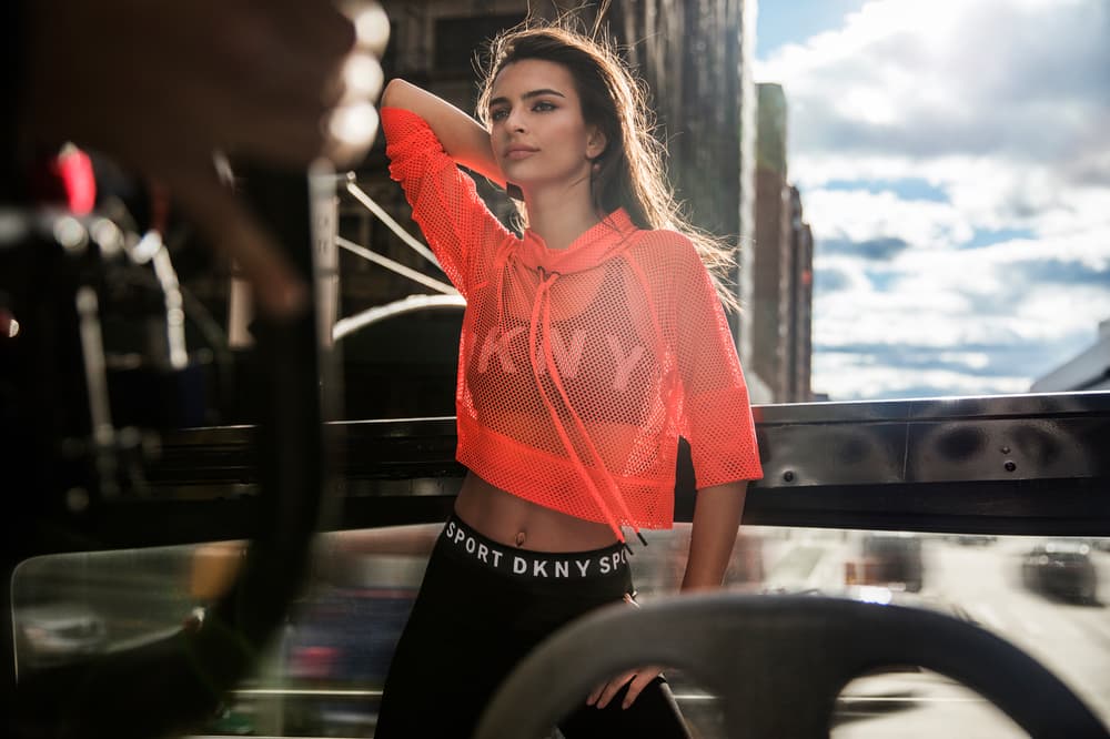 Emily Ratajkowski DKNY Spring Summer 2018 Campaign Sports Bra Mesh Funnel Neck Pullover Orange