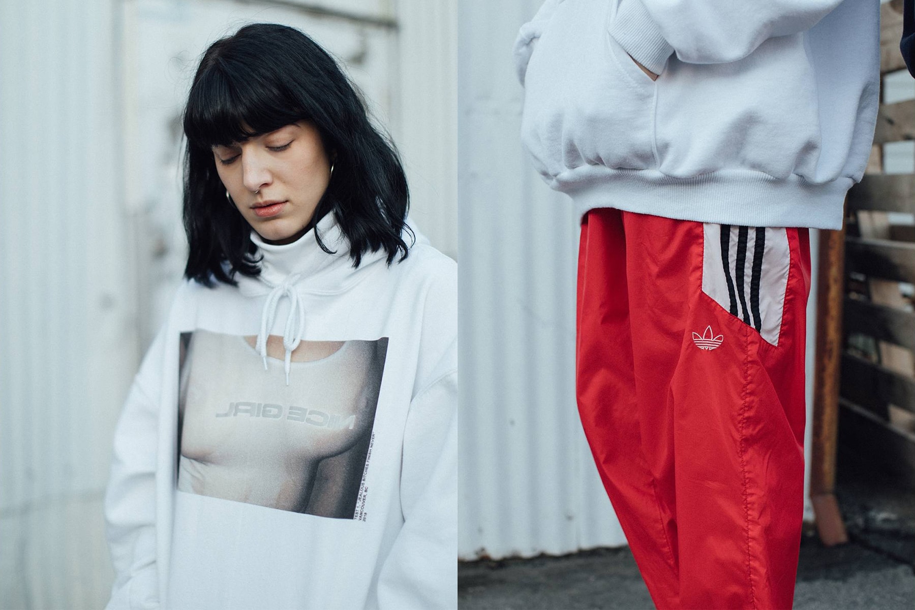 Frankie Collective Nice Girl adidas Trackpants red hoodie white