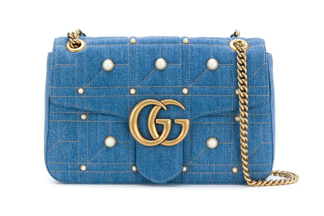 Gucci GG Marmont Shoulder Bag Handbag Denim Pearl embellished 90s designer where to buy Farfetch