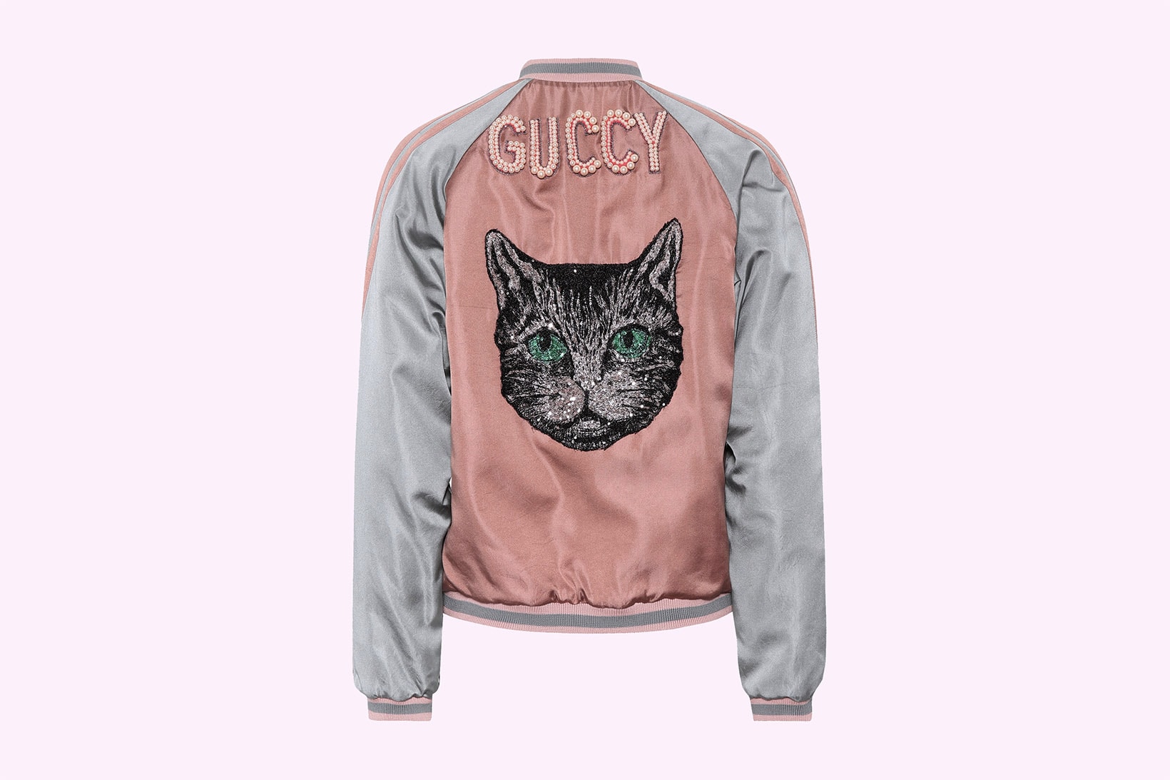Gucci Embellished Guccy Cat Satin Bomber Jacket bootleg sequins pearls pink grey silver retro where to buy mytheresa.com alessandro michele