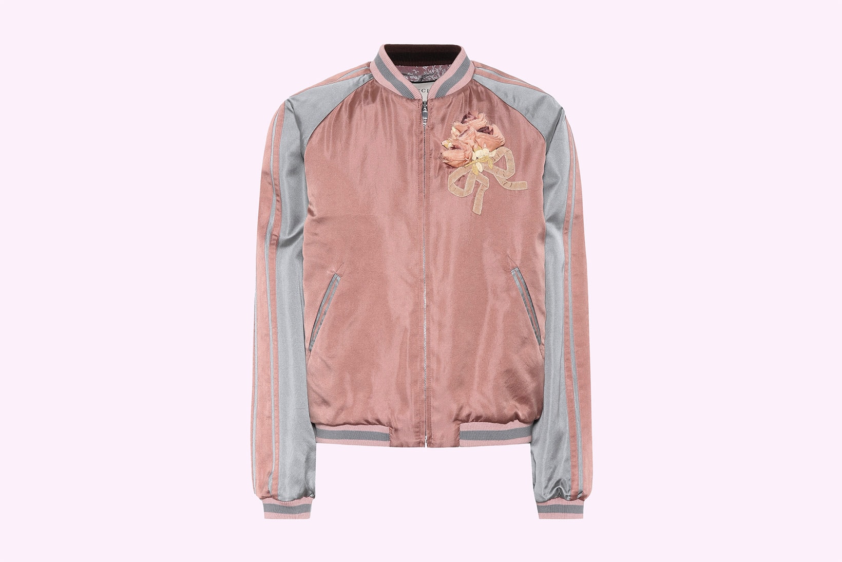 Gucci Embellished Guccy Cat Satin Bomber Jacket bootleg sequins pearls pink grey silver retro where to buy mytheresa.com alessandro michele
