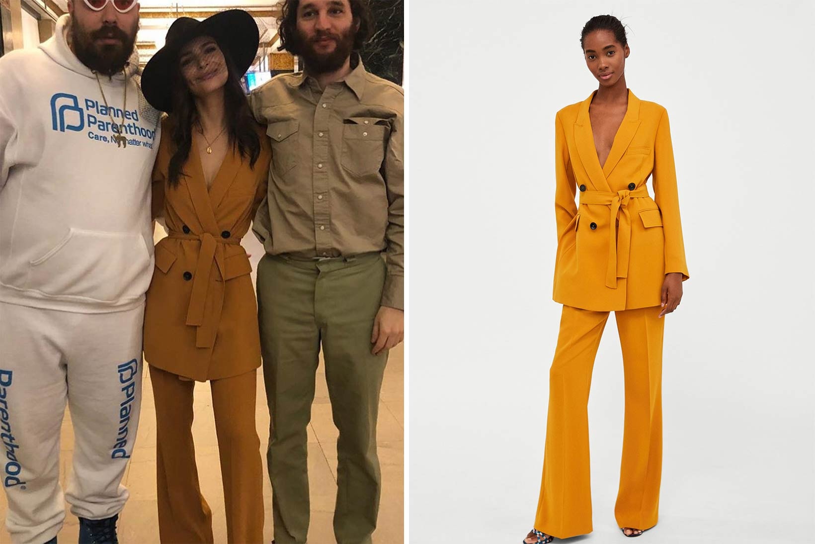 Emily Ratajkowski Zara Long Belted Jacket Flared Trouser Mustard Yellow