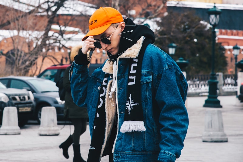 Streetsnaps Moscow Fashion Week 2018 Denim Jacket Hat Blue Orange