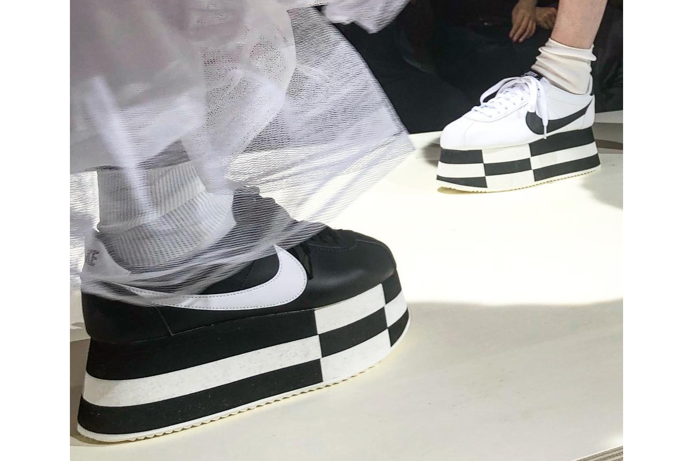 COMME des GARÇONS x Nike Platform Cortez Sneaker Paris Fashion Week 2018 Shoes Black White Chunky CDG Rei Kawakubo First Look