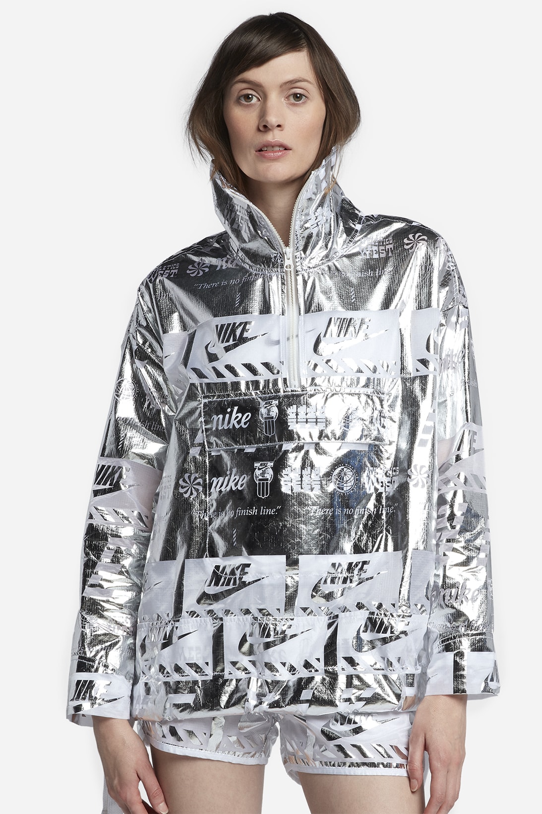 Nike womens jacket Metallic silver reflective shiny graphic logo jacket half zip where to buy futuristic naked copenhagen