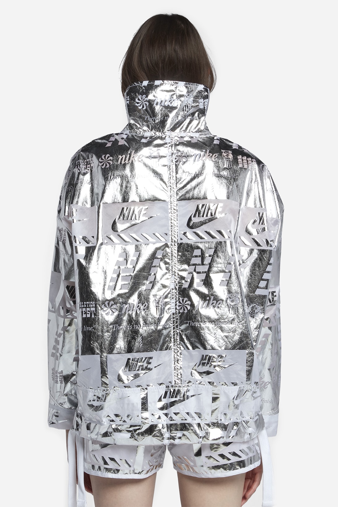 Nike womens jacket Metallic silver reflective shiny graphic logo jacket half zip where to buy futuristic naked copenhagen