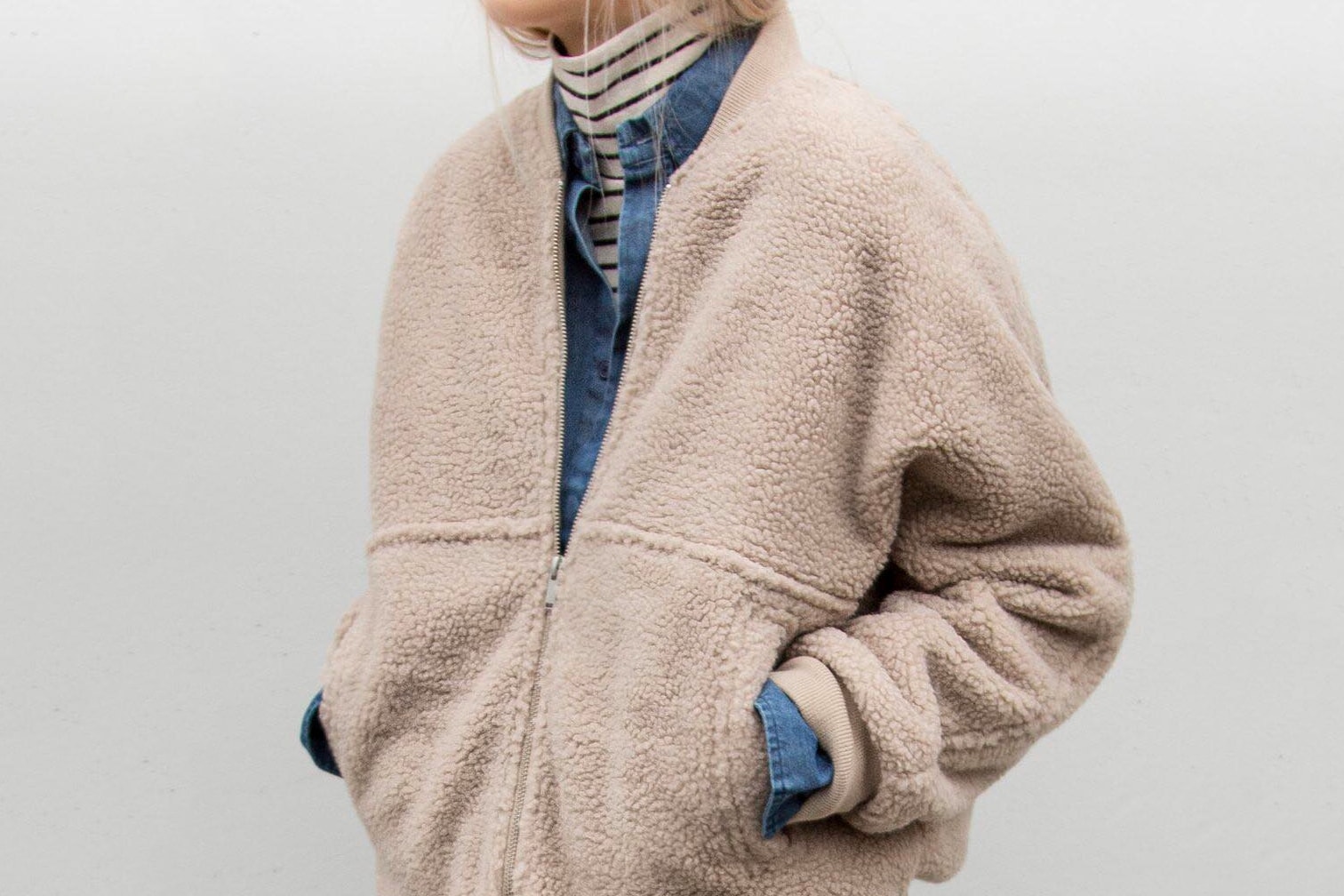 OAK + FORT Mix Match Outerwear Sale Discount 40 Percent Off In Store Online Vancouver Jackets Bomber Coat Winter Fall Cardigan Wool Knit Teddy Bear Fluffy Furry Minimalist