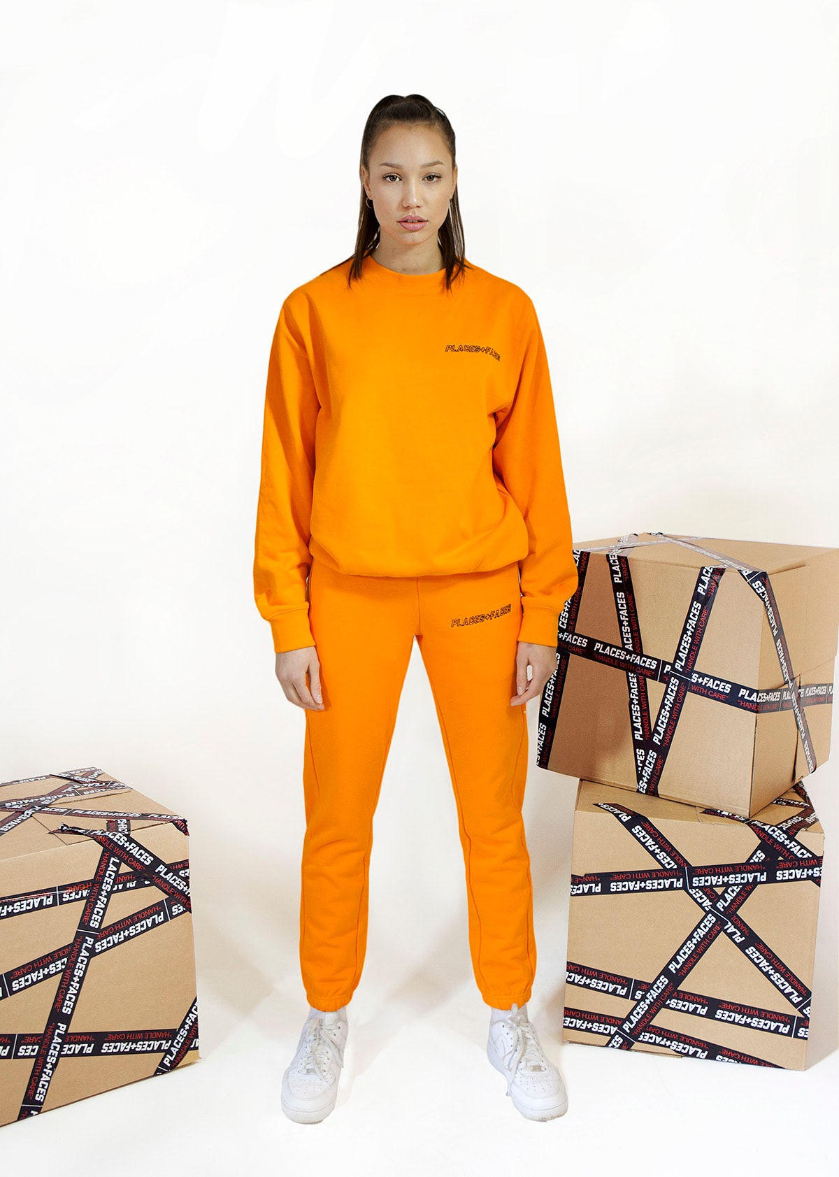 Places+Faces Spring/Summer 2018 Lookbook Crewneck Sweater Joggers Orange