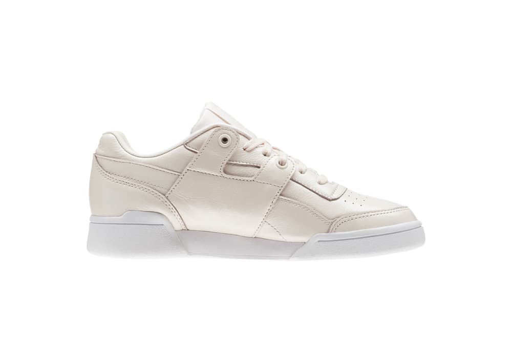 Reebok Workout Plus in "Pale Pink/White" Sneaker Shoe Iridescent Pearl Shine Classic Silhouette