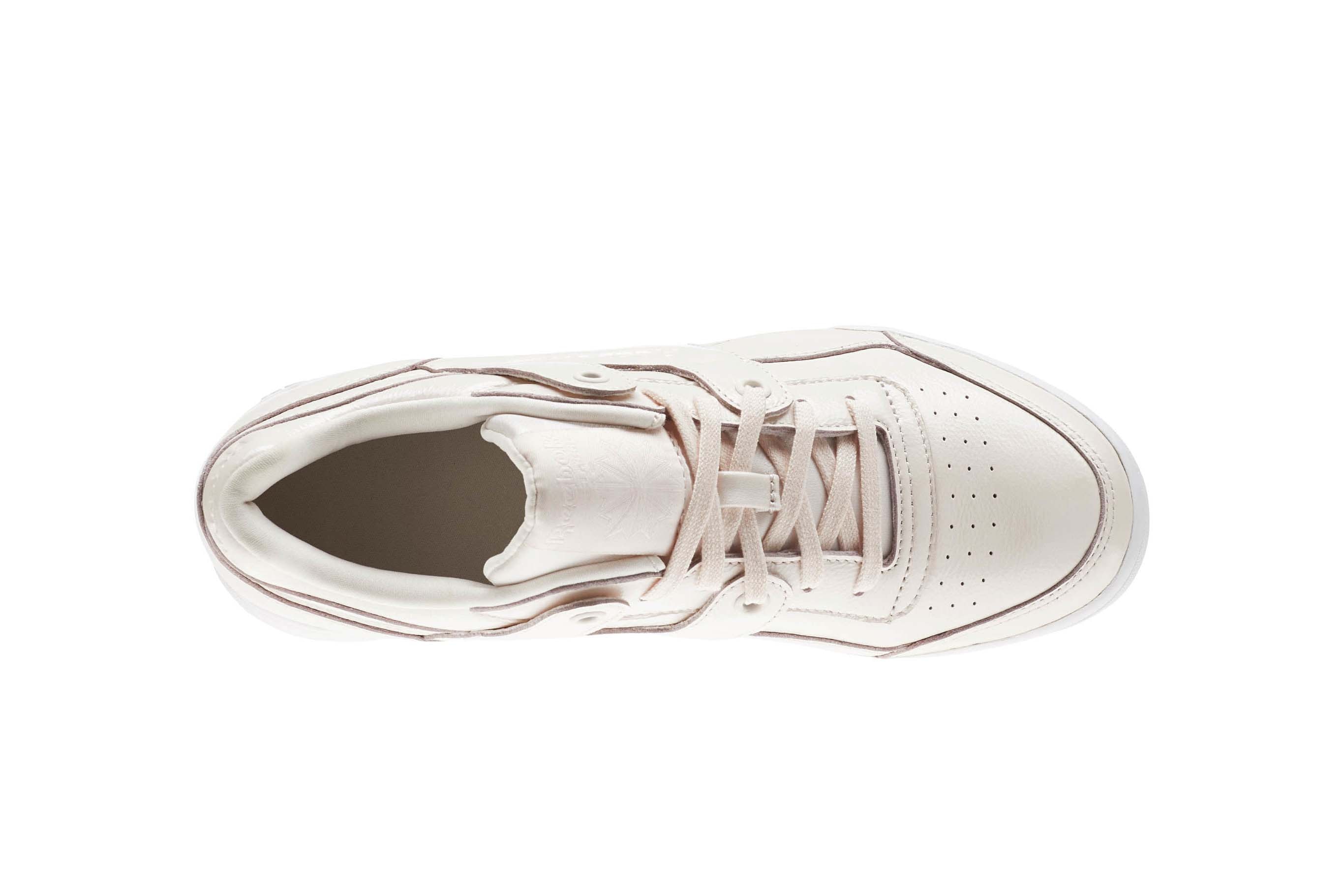 Reebok Workout Plus in "Pale Pink/White" Sneaker Shoe Iridescent Pearl Shine Classic Silhouette