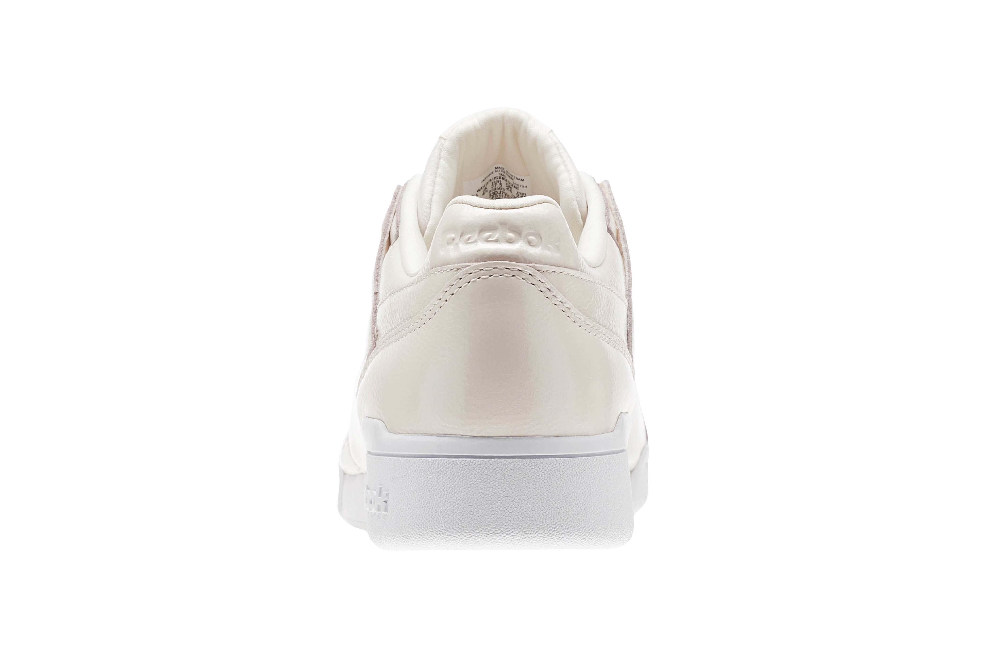 Reebok Workout Plus in "Pale Pink/White" Sneaker Shoe Iridescent Pearl Shine Classic Silhouette