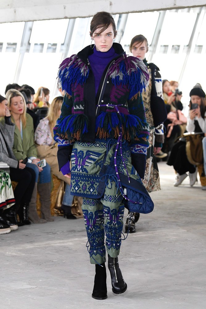 Sacai Fall Winter 2018 Paris Fashion Week Show Collection Patterned Coat Blue Purple