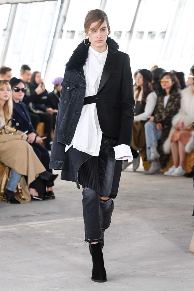 Sacai Fall Winter 2018 Paris Fashion Week Show Collection Collared Shirt Denim Jacket Blazer Black White