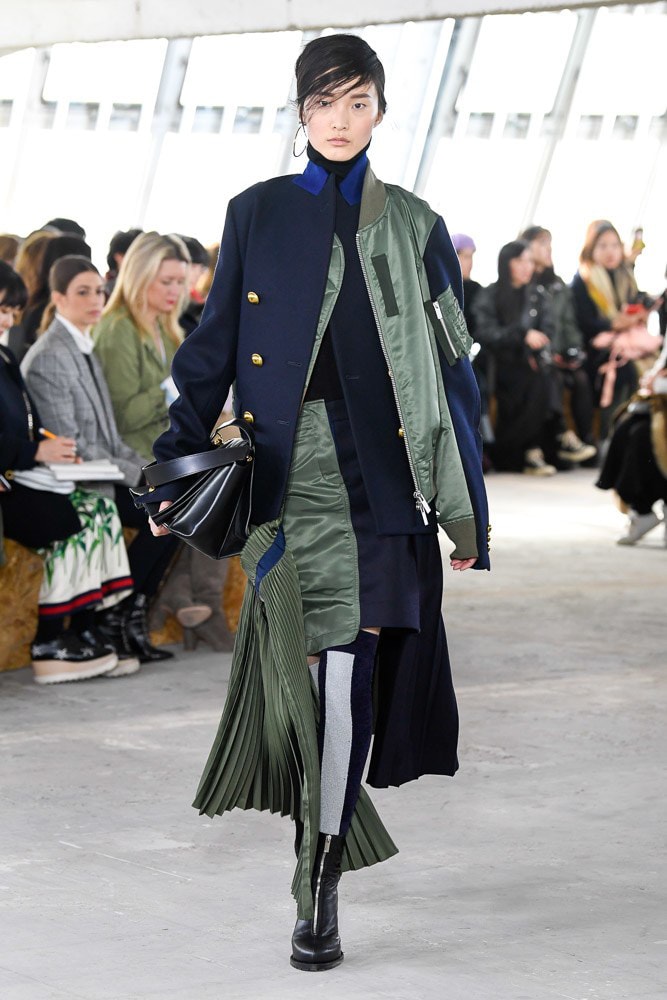 Sacai Fall Winter 2018 Paris Fashion Week Show Collection Bomber Jacket Skirt Blue Green