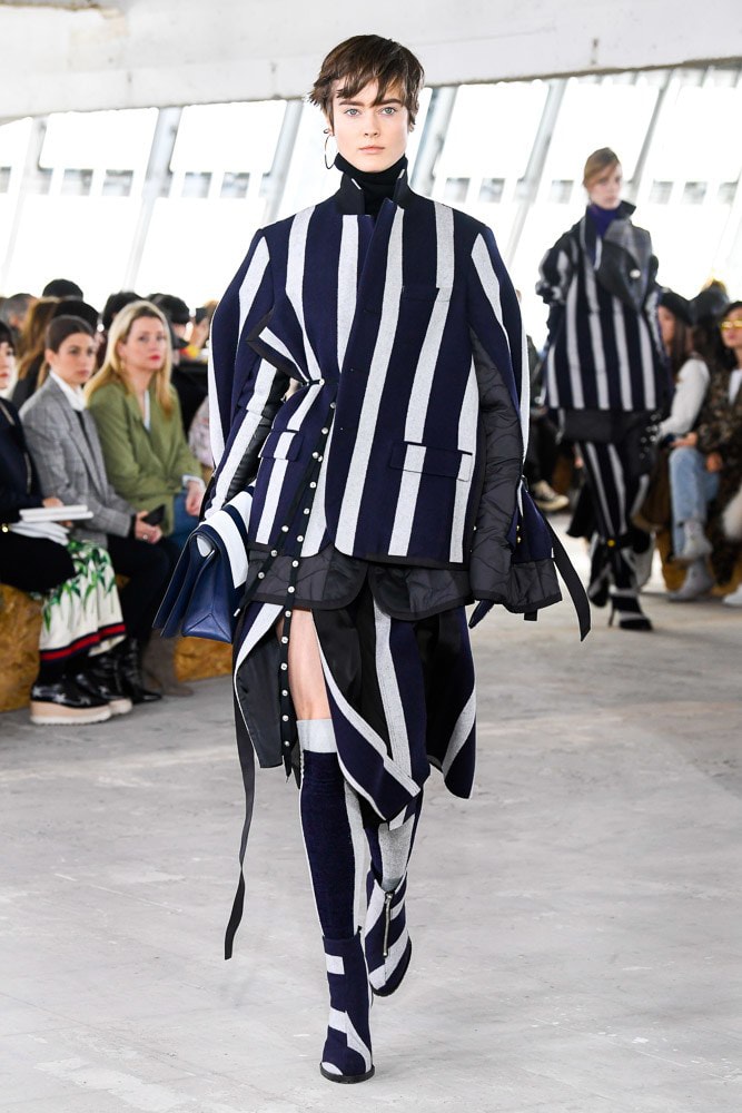 Sacai Fall Winter 2018 Paris Fashion Week Show Collection Blazer Skirt Striped Grey Blue