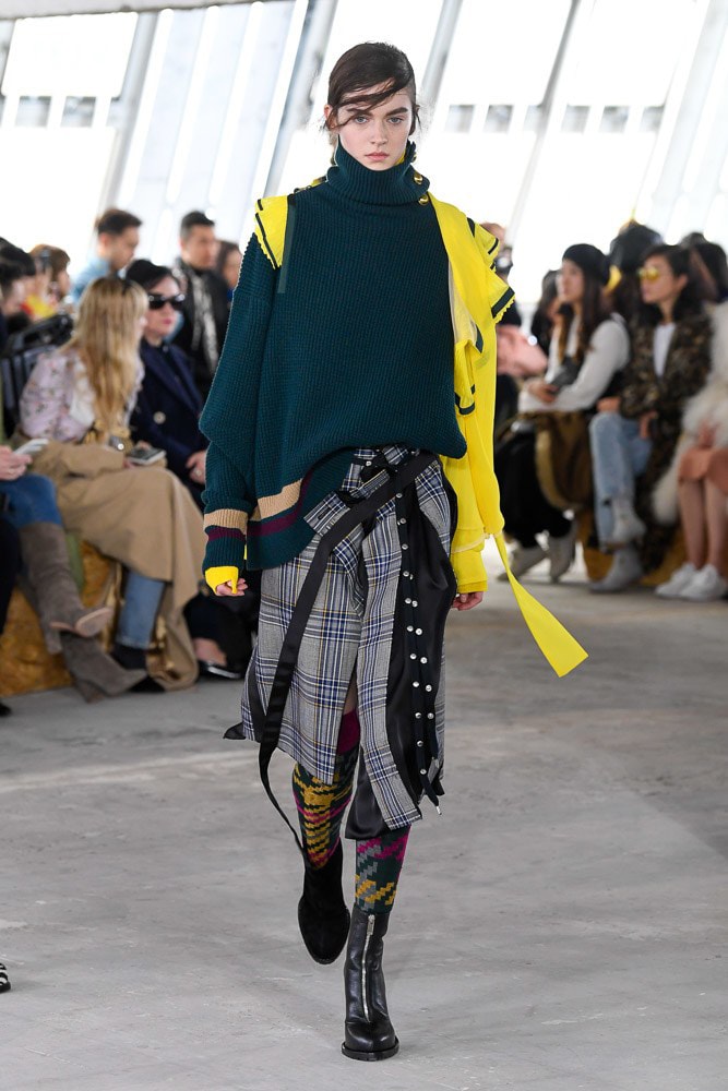 Sacai Fall Winter 2018 Paris Fashion Week Show Collection Sweater Skirt Plaid Green Yellow