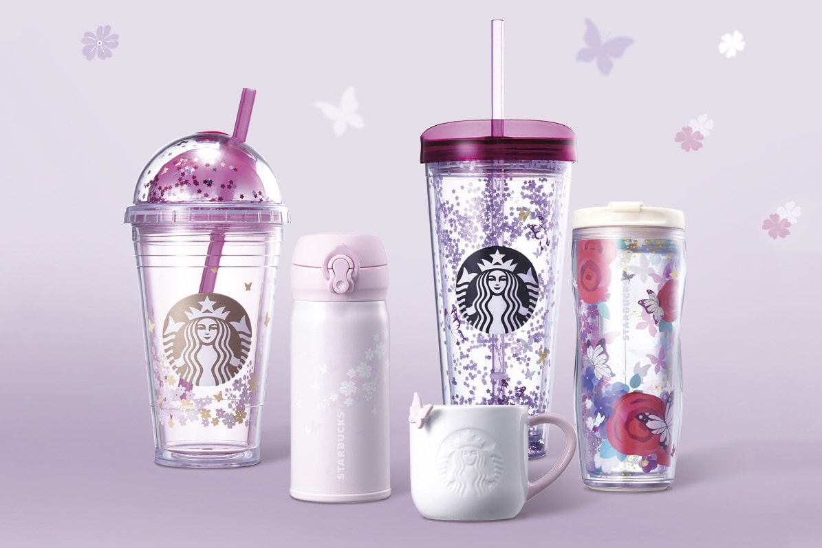 Starbucks Pastel Pink Light Purple Floral Cups millennial butterfly print pattern mug tumbler glass bottle where to buy korea merch merchandise