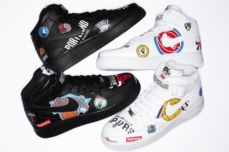 Supreme New York Nike NBA basketball collab collection jersey shorts logo varsity jacket Air Force 1 AF1 where to buy