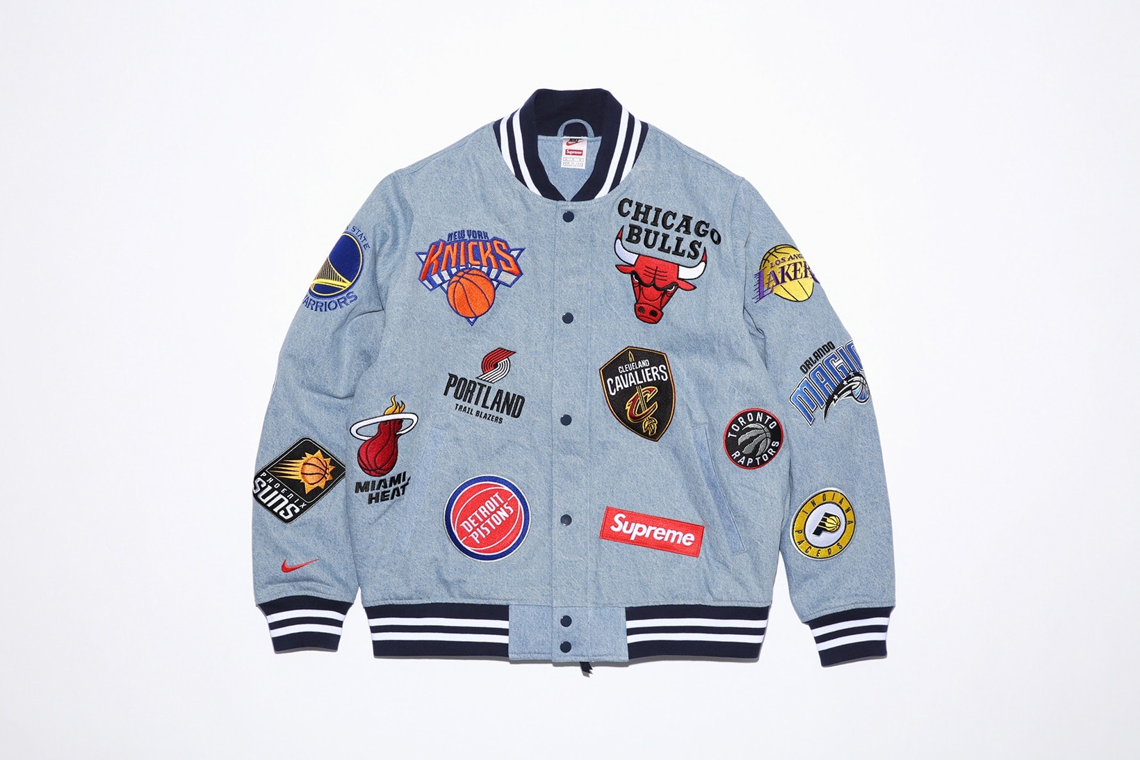 Supreme New York Nike NBA basketball collab collection jersey shorts logo varsity jacket Air Force 1 AF1 where to buy