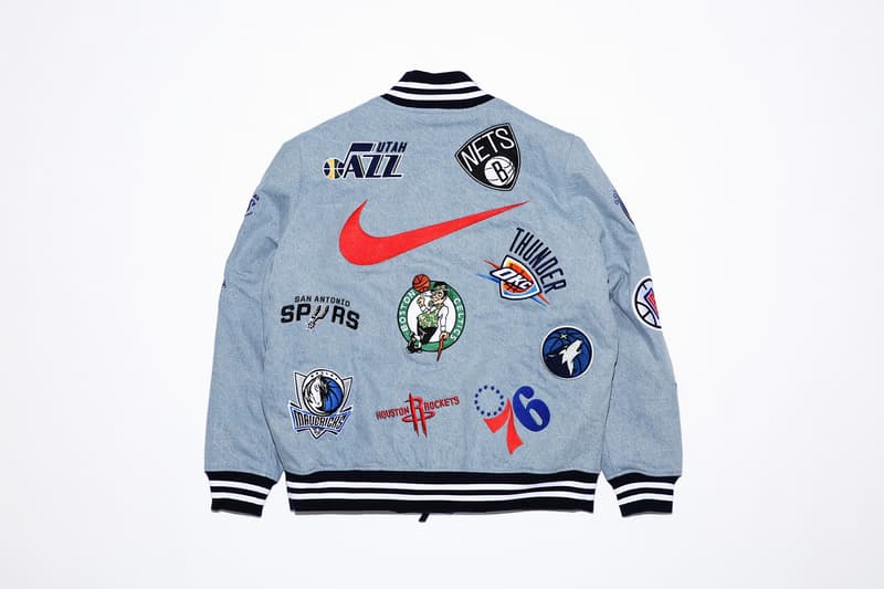 Supreme New York Nike NBA basketball collab collection jersey shorts logo varsity jacket Air Force 1 AF1 where to buy