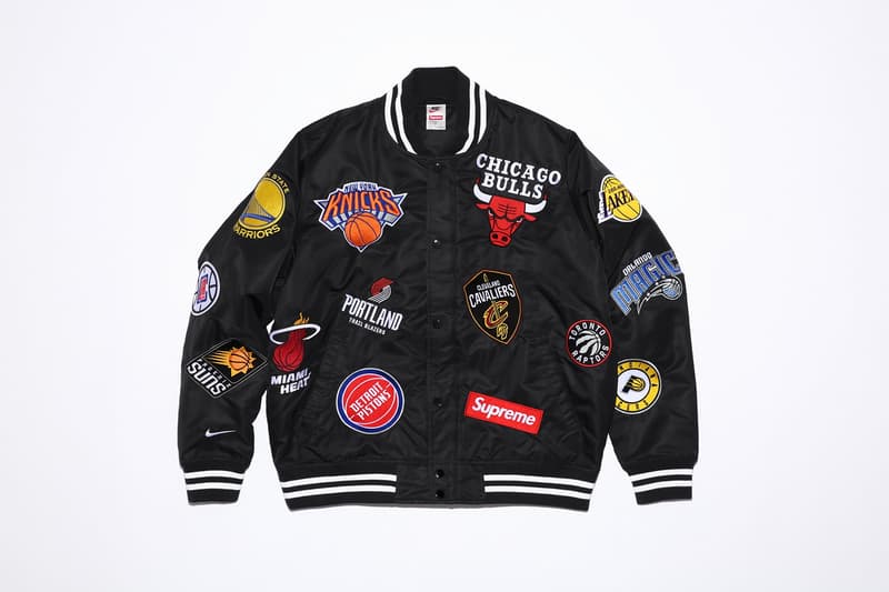 Supreme New York Nike NBA basketball collab collection jersey shorts logo varsity jacket Air Force 1 AF1 where to buy