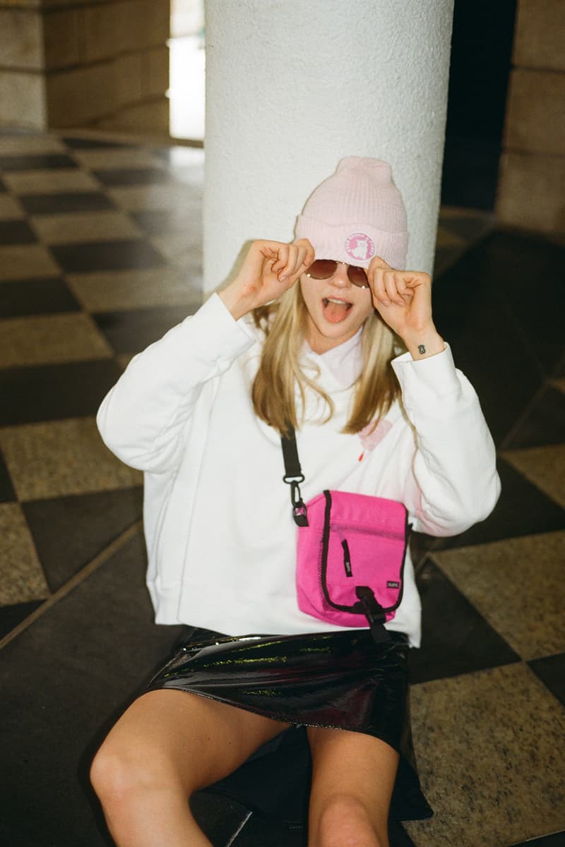 undercover jun takahashi hbxwm hbx editorial pink beanie white crewneck cross body bag