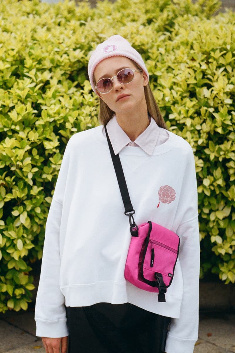 undercover jun takahashi hbxwm hbx editorial pink beanie white crewneck cross body bag