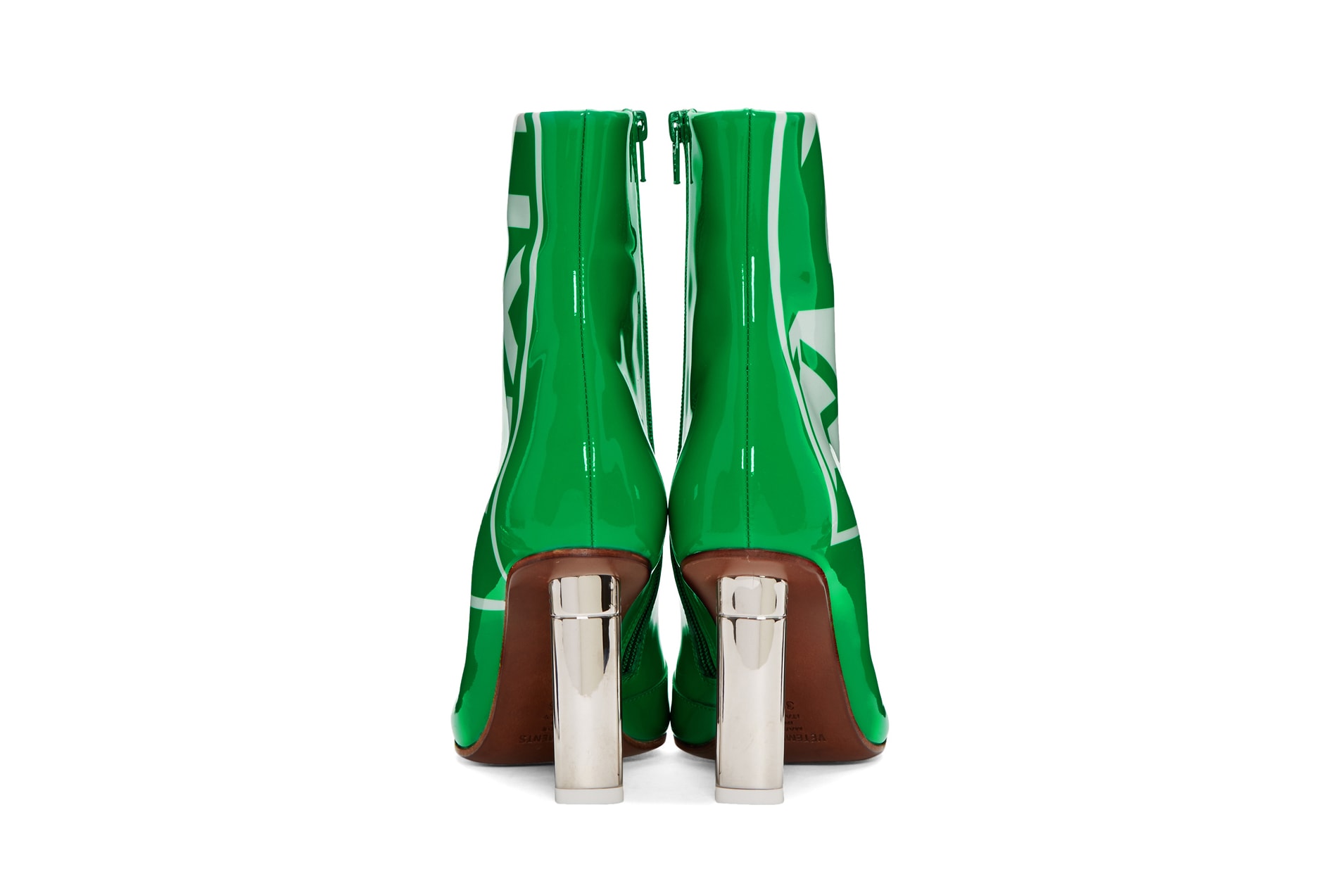 Vetements Green Patent 'Exit' Lighter Boots Spring Arrival Silver Heels Print