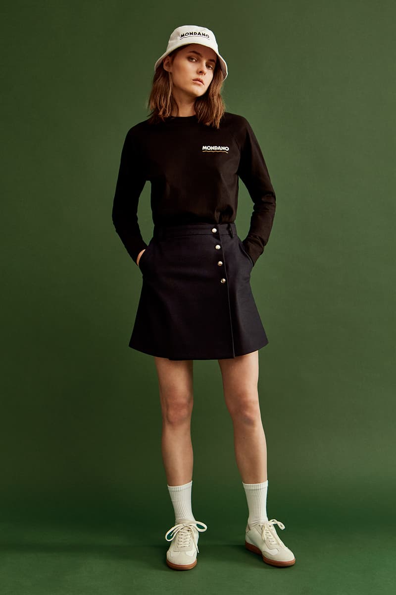 wood wood mid season drop spring summer hoodies tees bucket hats long sleeves black shirt skirt white hat trainers