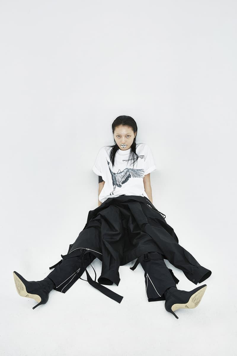 51PERCENT Spring/Summer 2018 Collection Lookbook Soaring Crane T-Shirt Utility Bondage Zipper Pant White Black