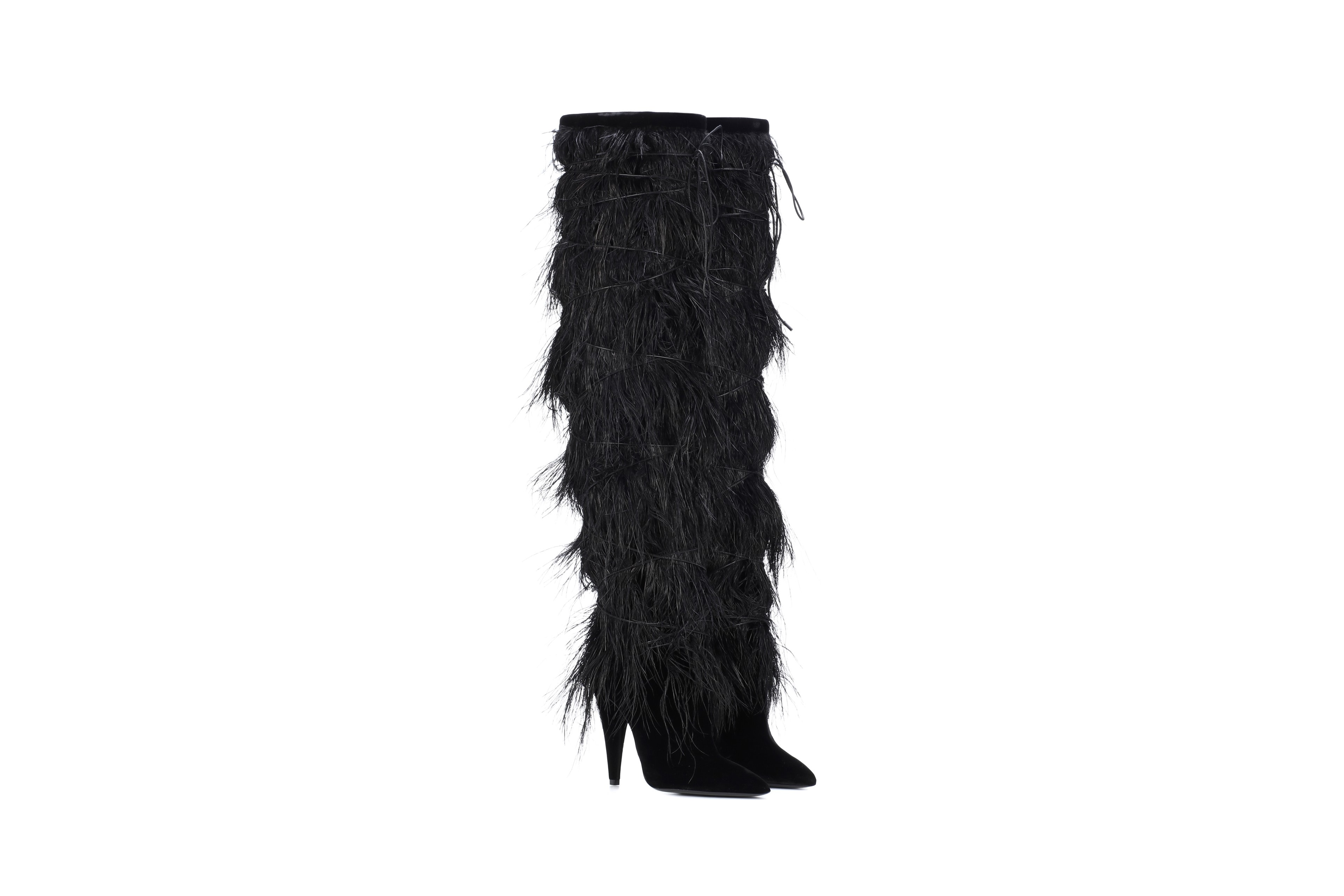 Saint Laurent Yeti Boots Black Velvet Ostrich Feather Anthony Vacarello